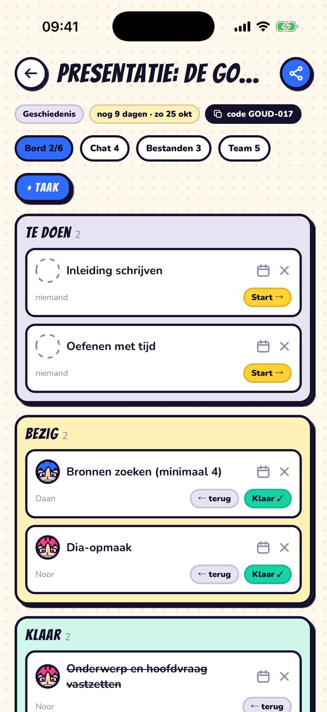 Projectbord: Taken, chat en bestanden.