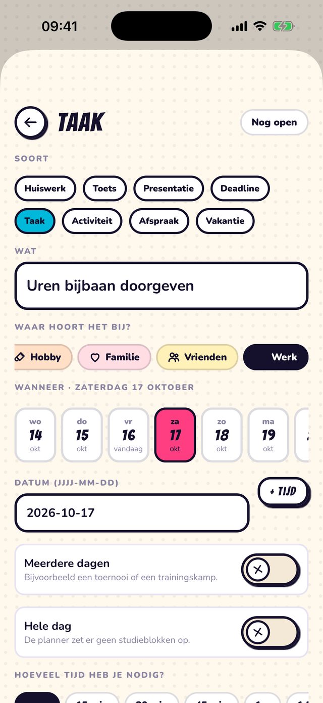 Taak bewerken: Gebied, datum, tijd en stappen.